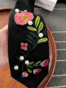 1 Stück schwarze Blumen Stickerei & Perlen Dekor Krawatte, matte Polyesterfaser, 48 cm extra lang, 3D-Stickerei, Perlen Akzente, verstellbarer Metallverschluss, elegante Abendgarderobe für Hochzeit, Jahrestag, Valentinstag