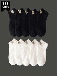 10 pares, unisex, sencillos y de moda en color negro/blanco, calcetines tipo náutico de verano de unicolor, antiolor, de corte bajo, transpirables, cómodos y versátiles para todo el año, adecuados para uso diario