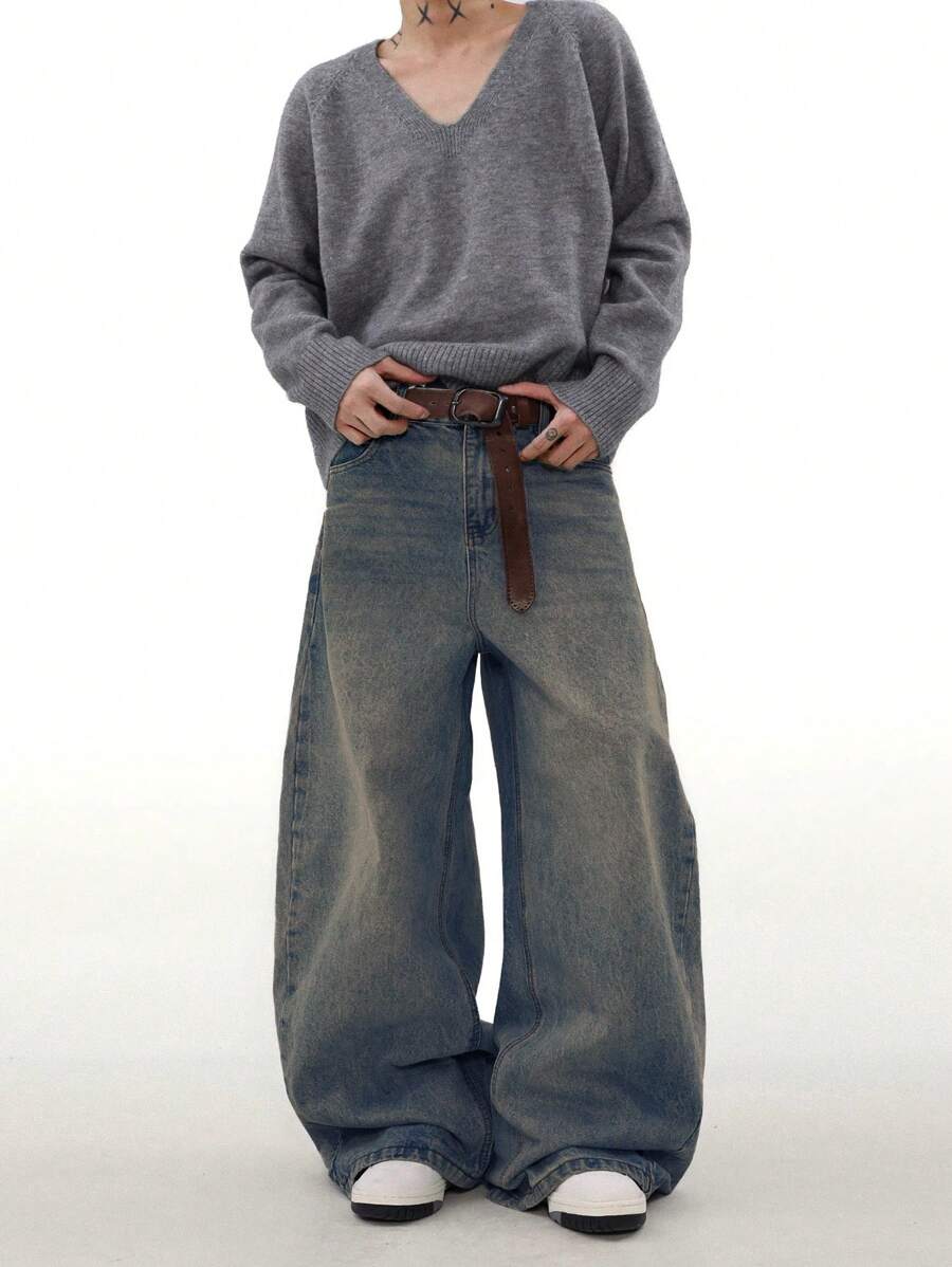 1 条正义兄弟休闲牛仔裤，百搭个性化品牌男士宽松阔腿裤