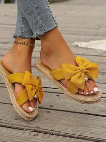 Summer New Women Slippers, Straw Braid House Slippers, Non-Slip Outdoor Hanging Pearl Bow Slippers, Flat Heel Sandals