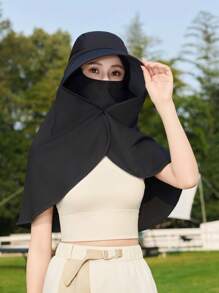 1pc Solid Color Large Brim Hat With Detachable Face Mask, Shoulder Cape For Sun Protection Polyester, Spring Season