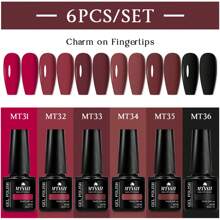 Mtssii Juego de 6 esmaltes de uñas en gel de unicolor de 7 ml, colores primavera-verano, glitter, negro, blanco, rojo, resistente a remojo, UV, semi-permanente, suministros para uñas