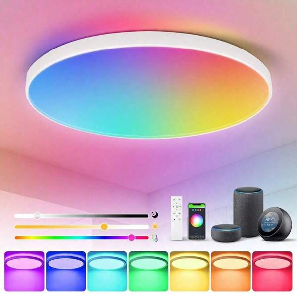 Bluetooth Smart Deckenleuchte, RGB-Dimmen, Alexa Sprachsteuerung, dekorative Deckenplatte, große Größe Platte, 220V Fernbedienung LED-Deckenleuchte, 1 Stück/2 Stück Set, 3-Farben verstellbar/RGB verstellbar, geeignet für Schlafzimmer/Küche/Wohnzimmer/Kinderzimmer/Eingangsbereich/Kleiderschrank/Garage/Flur/Unterhaltungsraum/Computerraum/Durchgang/Ankleidezimmer/Miethaus/Kleiner Raum/Streaming-Raum, passende Größe basierend auf Nutzungsbedarf auswählen