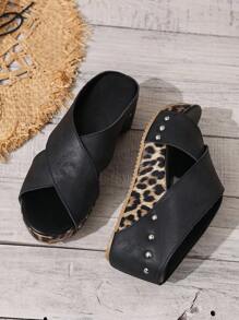 Sandal đế xuồng mùa hè dành cho nữ với quai chéo, họa tiết da báo, hở mũi, kiểu dáng thời trang thường ngày, phụ kiện cần thiết khi đi du lịch. - màu đen - Xem 6