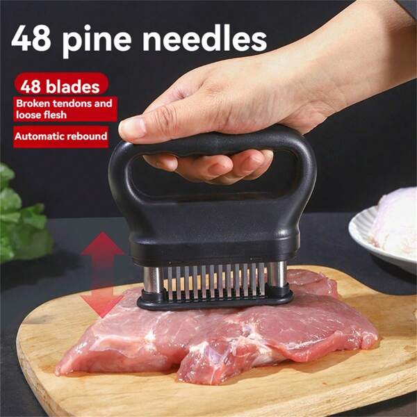 1PC 48 Pin Stainless Steel Meat Tenderizer, Black Polypropylene Handle, With Protective Cover For Kitchen Cooking Tools, Suitable For Tender Meat, Barbecue, And Marinated Barbecue Tools