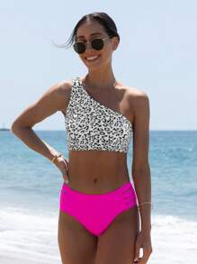 popvil Leopard Print Hollow Out Crop Top And Bikini Set, Beach Vacation - Hot Pink - View 1