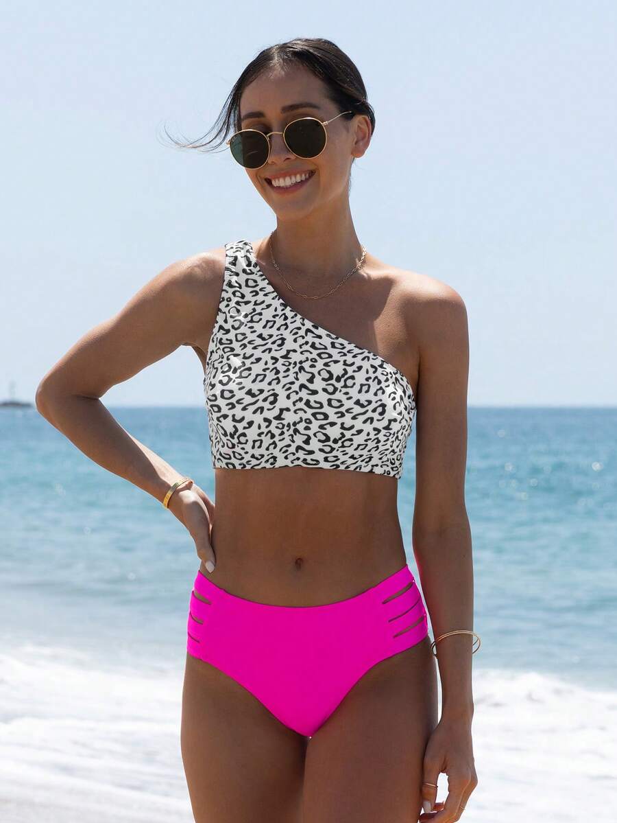 popvil Leopard Print Hollow Out Crop Top And Bikini Set, Beach Vacation - Hot Pink - View 1