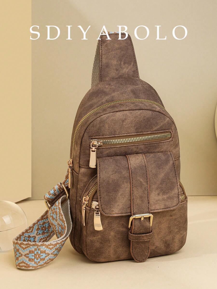 Retro Multi Pockets Chest Bag Soft Pu Leather Crescent Bag Motorcycle Sling Backpack