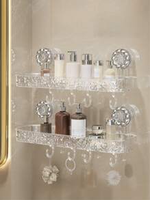 1pc Suction Cup Rectangular Bathroom Shelf, No-Drill Wall-Mounted Transparent Bathroom Organizer, Large Capacity With Hooks, Quick Drainage, Moisture-Proof, Ideal For Bathroom, Washbasin, Kitchen Storage Box Home Bathroom Decor Bathroom Accessories Bathroom Organizer Fall Decor Back To School