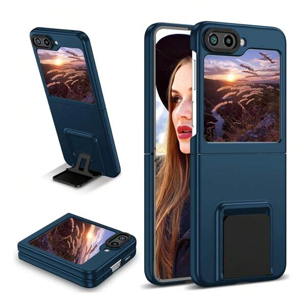 1pc Blue Folding Rigid Telescopic Adjustable Stand Metal Lens Protection Retractable Invisible Pivot Flip Cover Skin-Feel Spray Oil Matte Hard Armor Non-Stick Texture Ultra-Thin Full-Body Shock-Resistant Protective Case Compatible With Samsung Galaxy Z Fold 6/Z Fold 5/Z Fold 4/Z Fold 3/Z Flip 6/Z Flip 5/Z Flip 4/Z Flip 3