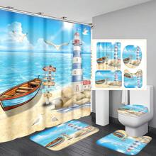 1 pièce/4 pièces Rideau de douche décoratif multifonction imperméable représentant un paysage marin avec phare, mouettes et bateau, avec 12 crochets, tapis de bain antidérapant, abattant de toilette en U, ensemble de salle de bain pour toutes les occasions, rentrée scolaire
