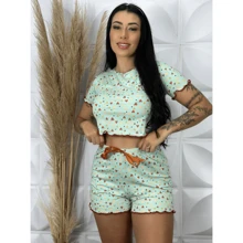 Pijama Feminino Adulto Ondinha Cropped Baby Doll Short Estampado Suede Roupa de Dormir