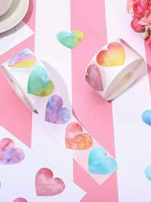 (500pcs/Roll) Watercolor Heart Shaped Sticker Roll, Rainbow Heart Shape Self-Adhesive Decorative Labels For Weddings, Birthdays, Parties, Envelopes, Scrapbooks, Stationery, Decorations