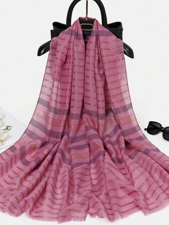 1pc 2024 New Export Ladies Fashion Colorful Red Striped Scarf, Warm & UV Protection, Polyester Material