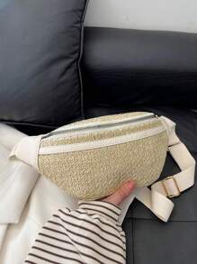 Jacquard Zipper Waist Bag, Crossbody Fanny Pack, Rattan Beach Waist Pouch - Khaki - View 6