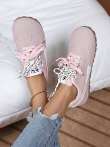 Women's Fashionable White Sneakers, New Korean Style Spring/Summer Thick Sole Casual Sports Shoes, Flat Non-Slip Lace-Up Shoes, Pink, Suitable For Spring/Autumn