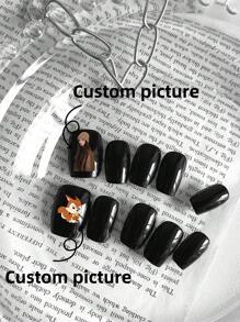 10 piezas de uñas postizas personalizadas, uñas falsas cortas, uñas para el Día de la Madre, uñas para el Día de San Valentín, diseño de nuevo arte DIY con dibujos animados, retratos, animales, patrones familiares, uñas de colores, uñas negras, suministros de uñas desmontables y reutilizables, polvo de uñas, purpurina para uñas, adecuadas para uso de niñas y señoras en escenario, baile, fiesta, boda, escenas festivas