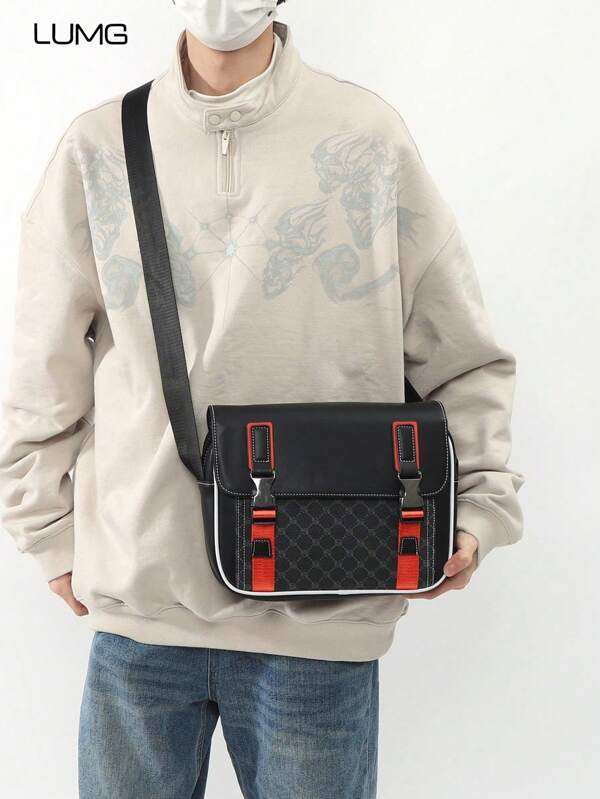 Bolso bandolera cuadrado con solapa y diseño geométrico de estilo para hombre, bolso cruzado clásico, bolso de hombro, bolso bandolera como regalo del Día del Padre