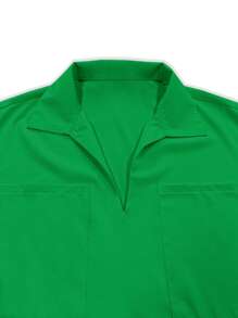 Plus Size 2 Pcs Set Loose Casual Top With Lapel Collar, Pocket + Wide Leg Pants Elegant Summer - Green - View 5