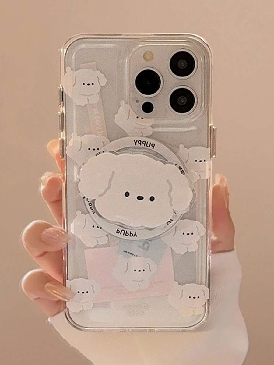 GUCADI 1 件磁性透明卡通可爱棉花糖狗 + 棉花糖狗磁性手机支架，INS 风格棉花糖狗支架，亚克力防摔硬壳，高端个性化设计，兼容 防水防震防刮