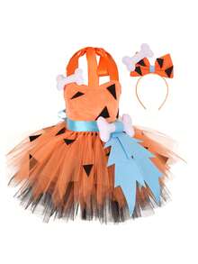 Toddler Baby Girl Halloween Costume Kids Caveman Costume Historical Stone Age Birthday Outfits For Girls Halloween Dress Up Party Photo Shoot Tulle Tutu Dress Headband - 橘色 - 查看 1