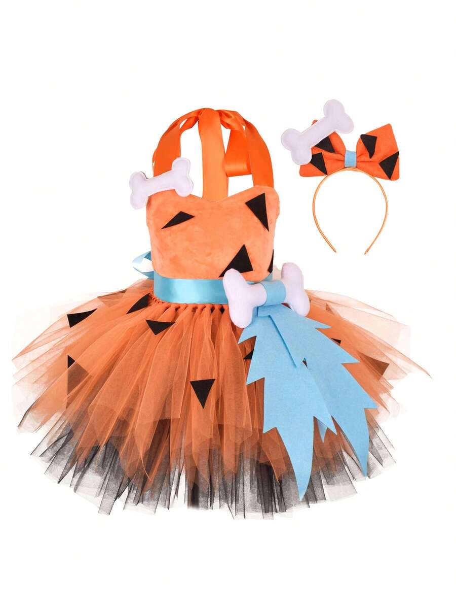 Toddler Baby Girl Halloween Costume Kids Caveman Costume Historical Stone Age Birthday Outfits For Girls Halloween Dress Up Party Photo Shoot Tulle Tutu Dress Headband - 橘色 - 查看 1