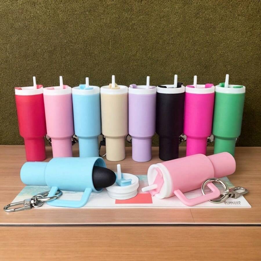 1Pcs Random Color Keychain Lipstick Holder Sky Blue Mini Tumbler Keychain - Versatile PVC Key Ring For Lipstick & Accessories, Stylish Bag Charm With Lobster Clasp - Random Color - View 1
