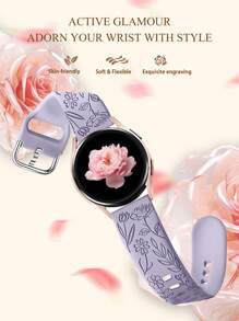 1条玫瑰花雕刻防水硅胶表带，兼容三星Galaxy Watch 7/FE 6 5 4 40mm 44mm、Galaxy Active 2，男女通用柔软硅胶替换表带，20mm（不含手表） - 燻衣紫 - 查看 3