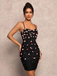 Spring And Summer Suspenders Three-Dimensional Flowers Diamond Bandage Slim Hip Dress - Black - View 5