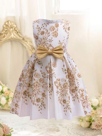 EHOMKIDS Girls Printed Gold Bow Decor Midi Dress, Children Wedding Party Formal Gown