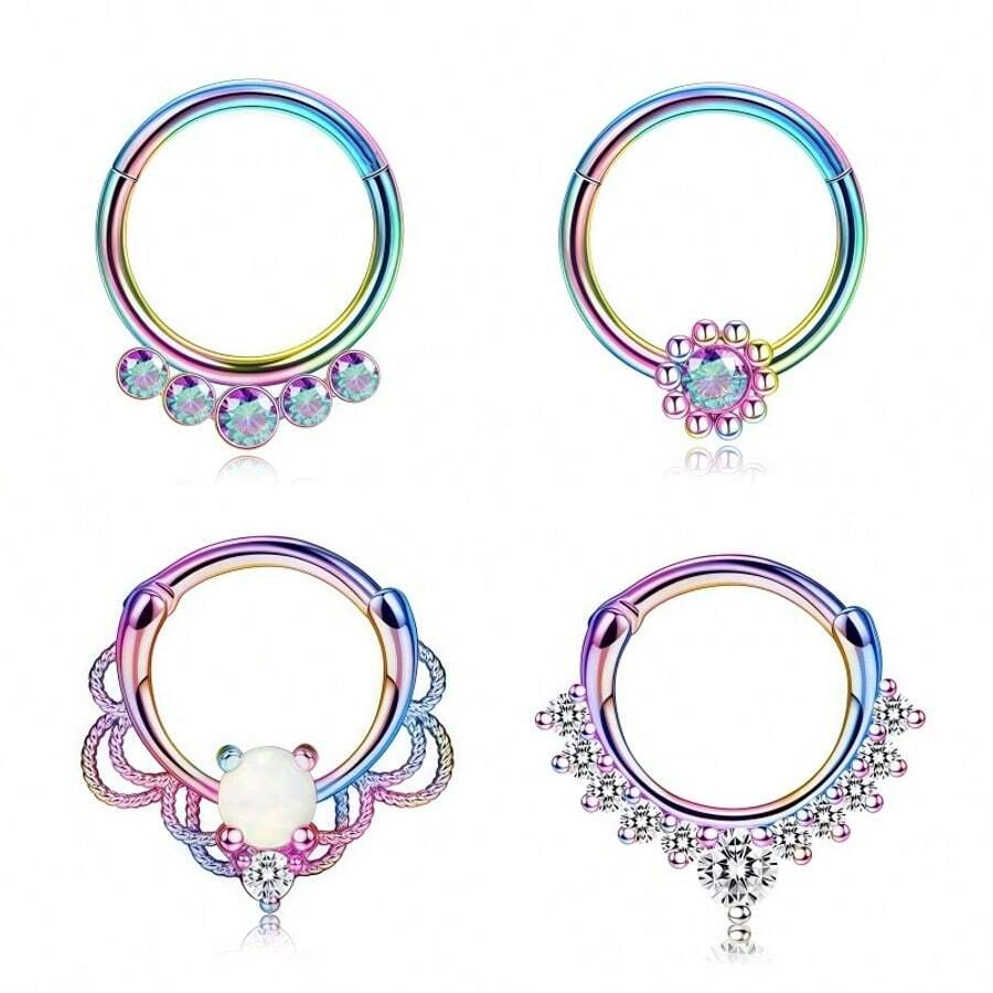 1/4Pcs 16G Stainless Steel Opal Colourful Nose Ring For Women Men,Fashion Sexy Septum Nasi Diaphragm Piercing Jewelry Gift Suitable For Everyday Parties Wearing - Multicolor - View 1