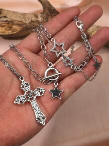 3pcs/Set Fashionable Ins Style Black Star Rhinestone, Comet, Cross Y2K Necklace Set For Women, Edgy Goth Cross Necklaces With Delicate Rhinestone Decor, Choker Design