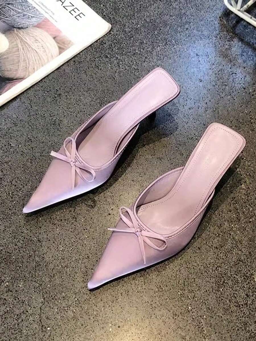 优雅尖头蝴蝶结高跟凉鞋，紫色和黑色，透气一脚蹬，适合夏秋季