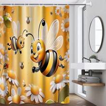 1-4 件套浴室套装包括可爱的蜜蜂和花朵印花浴帘、柔软法兰绒海绵浴室垫、防滑马桶 U 型垫、干湿分离浴室垫装饰