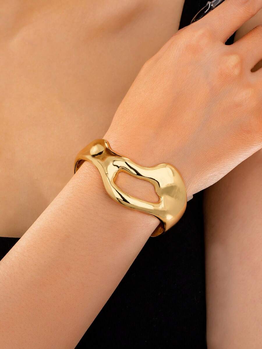 1 件不对称几何开口袖口手镯，时尚珠宝，适合节日、海滩、派对、日常佩戴 - 金黃色 - 查看 1