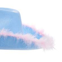 Womens Cowboy Hat, Adult Solid Color Furry Trim Wide Brim Hat Female Cap For Dating Party - Blue and Pink Feathers - View 8