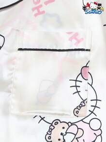 SANRIO 【居家男士】2件套女士春夏缎面三丽鸥Hello Kitty印花翻领短袖纽扣口袋上衣和蝴蝶结短裤睡衣套装，家居休闲服 - 杏色 - 查看 4