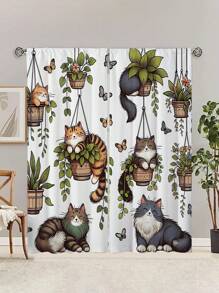 2 piezas de Cortinas de vano de puerta contemporáneas con estampado lindo de gato, sin agujeros, aptas para dormitorio, oficina, cocina, sala de estar, estudio, decoración del hogar - Multicolor - Ver 2