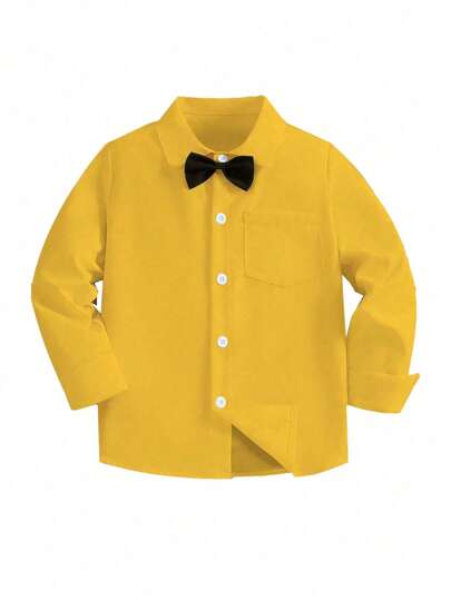 Tween Boys' Classic Long Sleeve Collared Shirt With Bowknot, Gentleman's Party, Wedding, Festival Gift, Formal Top