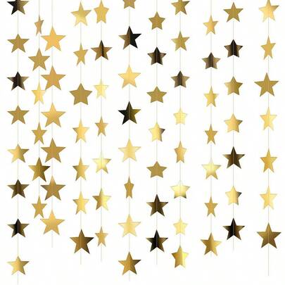 4M Paper Star Shaped Reflective Pull Flag, Gold Color Horizontal Banner Hanging Decor For Ramadan, Party, Birthday Celebration