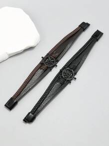 1pc Retro Black Helm Design Minimalist Leather Bracelet For Men - Rudder - View 3
