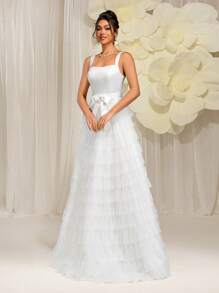 Everly L Elegant Solid Color Square Collar With Bowknot On The Front Hem Women's Tiered Mesh White Elegant Bridal Dress