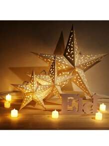 Linterna de papel con forma de estrella y luna LED, luz decorativa hueca 3D, decoración para el hogar en bodas/Navidad/fiestas de cumpleaños
