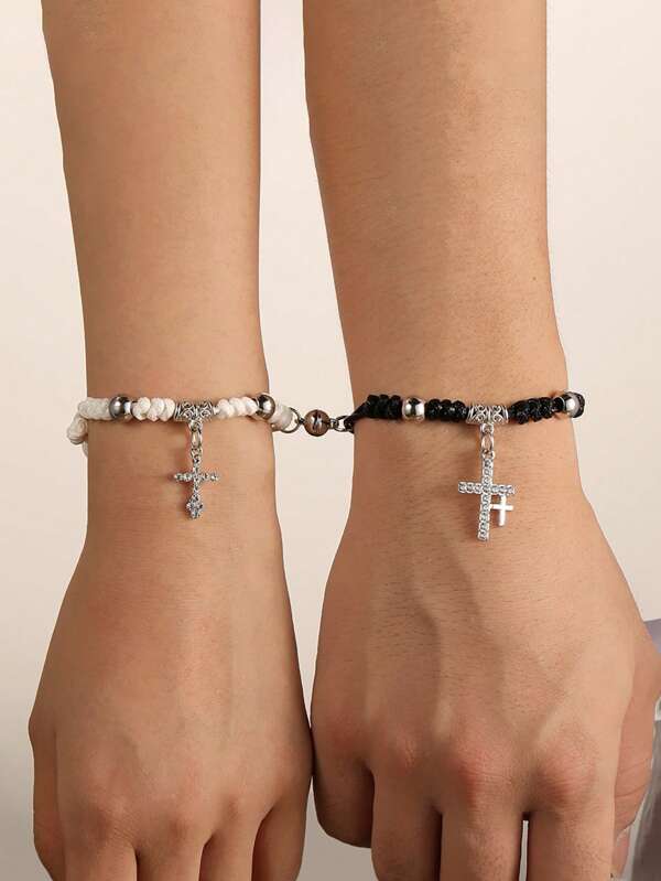 1 Pair European And American Fashion Minimalist Creative Couple Cross Handmade Woven Rope Magnetic Attraction Bracelet Set