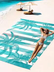 1件185*235厘米条纹棕榈树印花防水防沙沙滩毯，超大尺寸，轻便，适用于海滩、度假、旅行、户外露营、野餐、夏季旅行、假期浴室装饰、沙滩必备品 - 彩色 - 查看 7