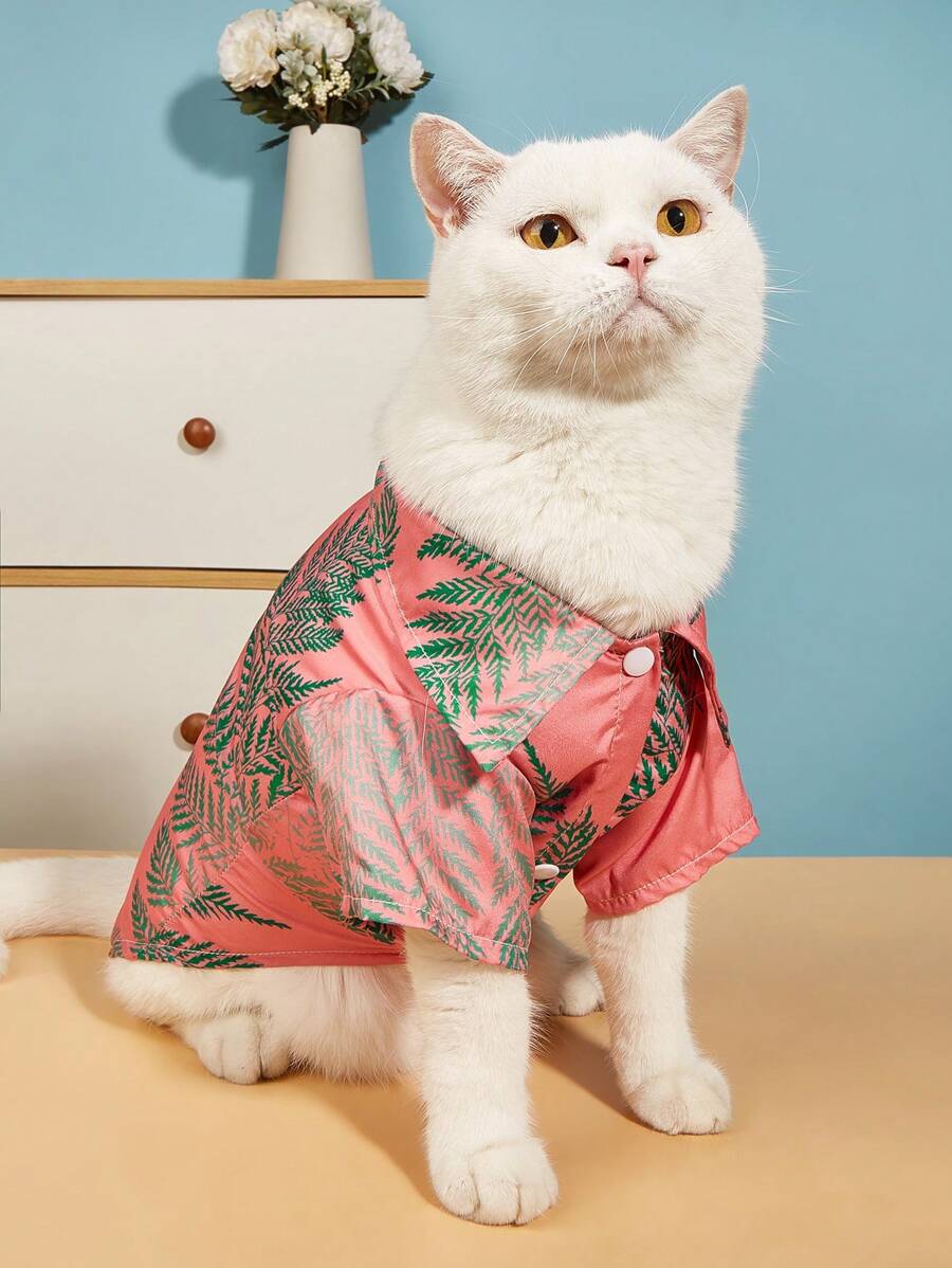 1 件宠物棕榈叶印花衬衫，热带度假风格，涤纶，适合猫和狗 - 彩色 - 查看 1