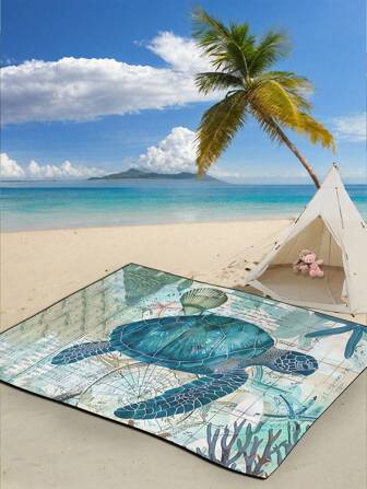 1pc Sea Turtle Patterned Foldable Beach Blanket, Extra Large Beach Towel, Portable And Lightweight Picnic Mat, Sand Free Beach Mat, Suitable For Picnic, Beach, Holiday, Relaxation, Travel, Outdoor Activities, Family Camping, Multifunctional Crawling Mat Summer Travel, Vacation Bathroom Decor Beach Essentials
