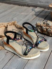 WRCVS 米色女士凉鞋，编织带坡跟厚底凉鞋，手工串珠编织绳底，轻便度假波西米亚风厚底户外凉鞋，夏季穿搭，旅行必备 - 黑色 - 查看 8