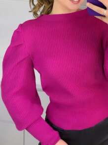 Women's Winter Cold Weather Puff Sleeve Princess Long Pleated Knit Sweater Top - 玫瑰紅 - 查看 2