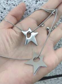 1pc Y2K Asymmetric Hollow Star Pendant Stainless Steel Necklace For Women Men Unisex Punk Hip Hop Neck Chain Jewelry - Pentagram - View 1
